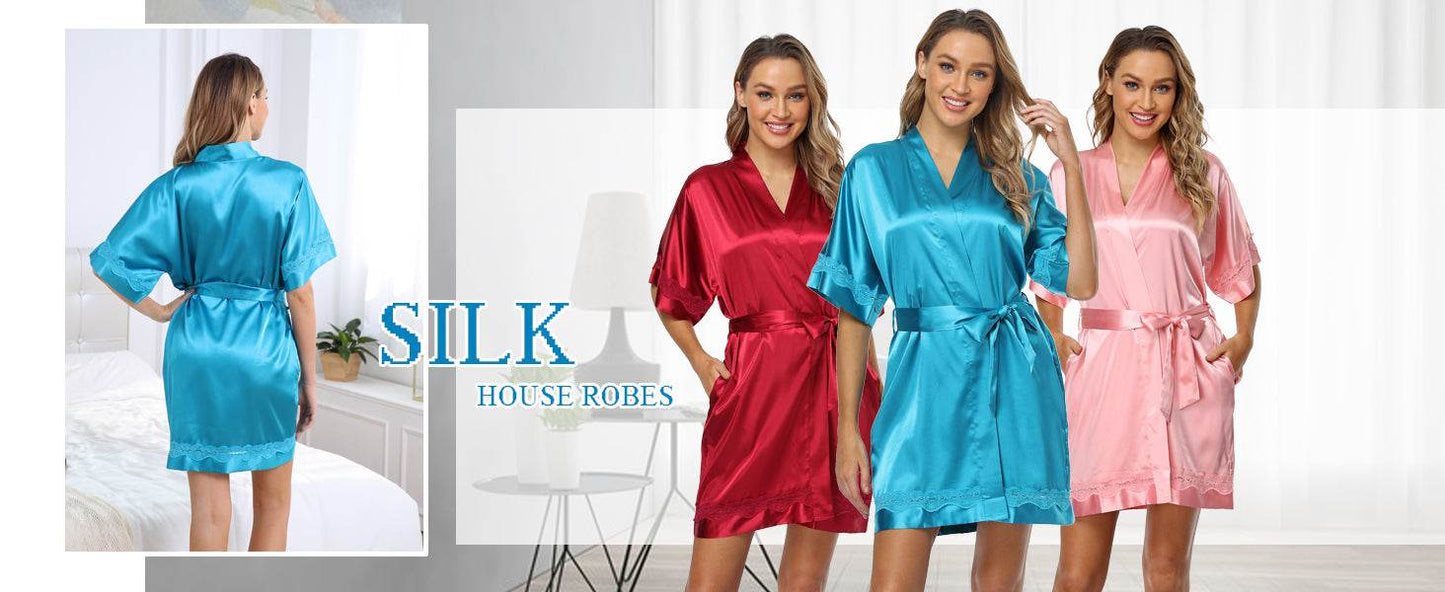 The Bund Women's Satin Robes Bride Bridesmaid Lace Short Silk Wedding Party Lightweight Bathrobe Soft Sleepwear S-XXXL - Concordia Style Boutique