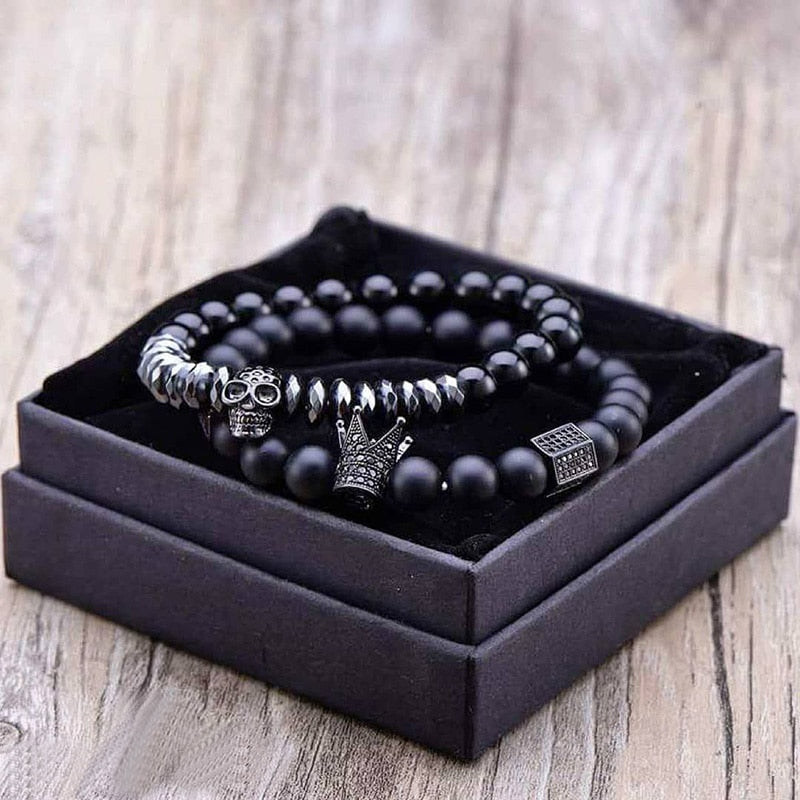 Matte Onyx Stone Beads Skull Bracelet Set Crown - Concordia Style Boutique