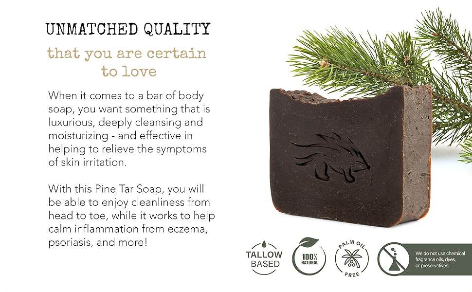 Natural Pine Tar Soap for Men and Women, 4 oz Bar, 20% Pine Tar - Handmade Body Soap to Help Relieve Symptoms of Eczema and Psoriasis - Creosote Free - Strong Smoky Campfire Like Scent - Concordia Style Boutique