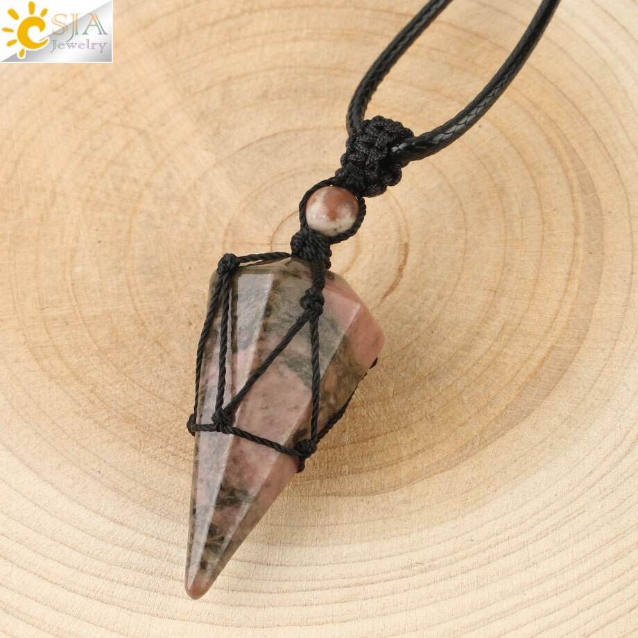 CSJA Natural Stone Cone Pendants Crystal Quartz Black Rope Wrapped Treatment Stones Necklace for Men Female Fashion Jewelry G173 - Concordia Style Boutique