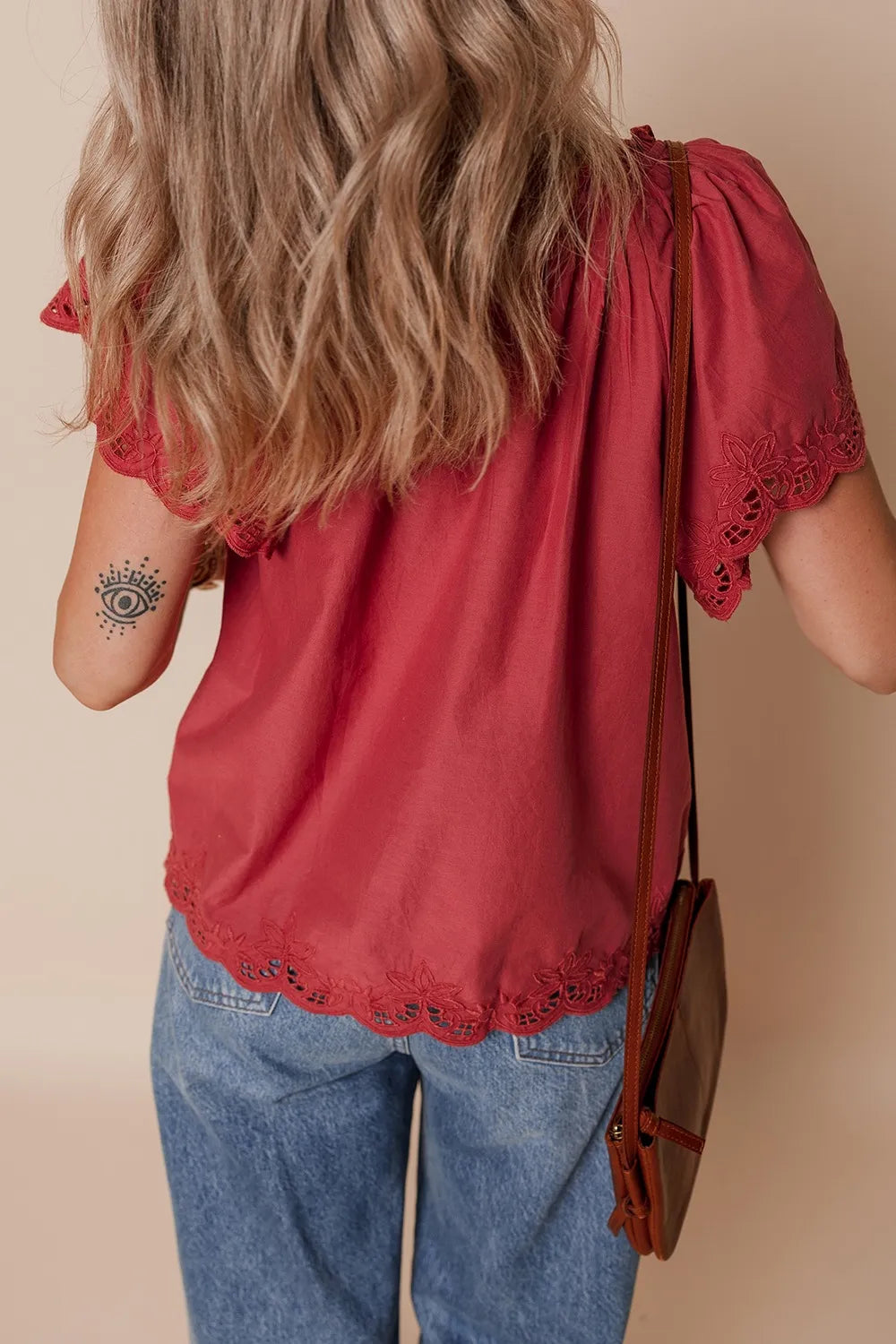 Floral Embroidered Scallop Trim Short Sleeve Notched Blouse - Concordia Style Boutique
