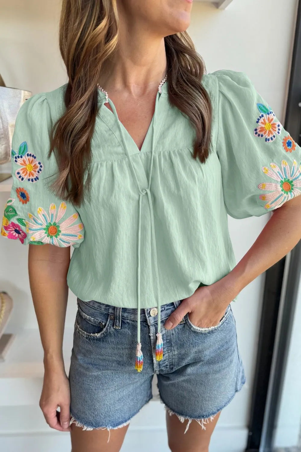 Embroidered Tie Neck Short Sleeve Blouse - Concordia Style Boutique