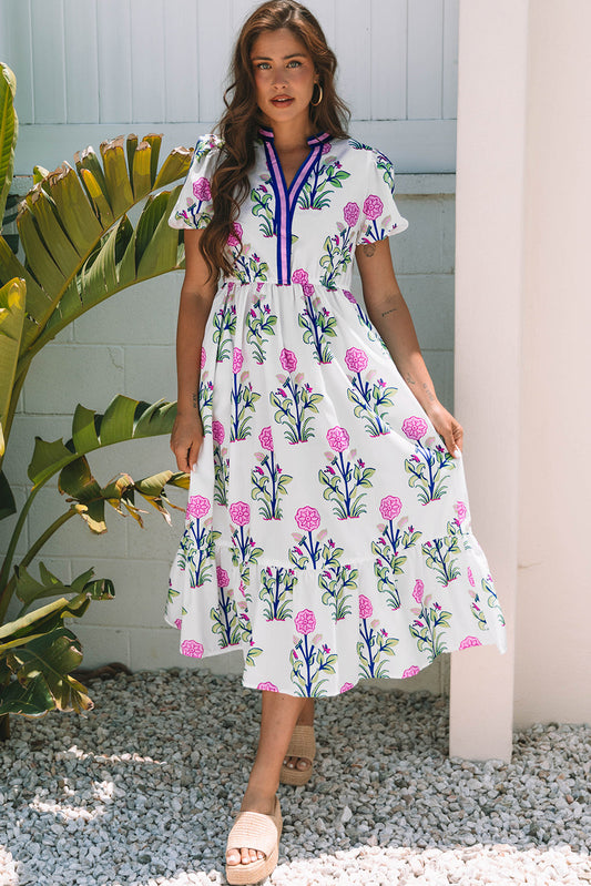 Luxury Floral Puff Short Sleeve V Neck High Waist Maxi Dress - Concordia Style Boutique