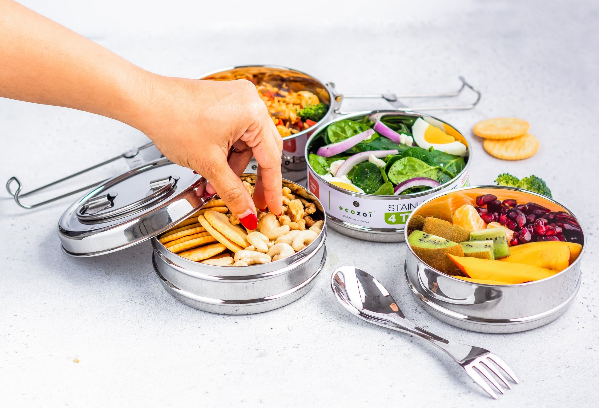 Stainless Steel Lunch Box, 4 Tier Round with Spork, 55 Oz - Concordia Style Boutique