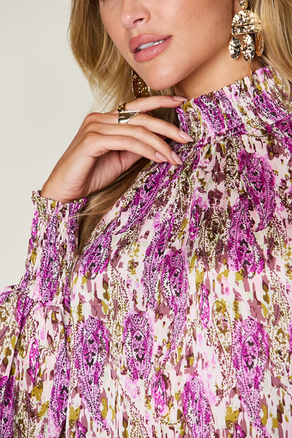 Double Take Full Size Printed Smocked Long Sleeve Blouse - Concordia Style Boutique