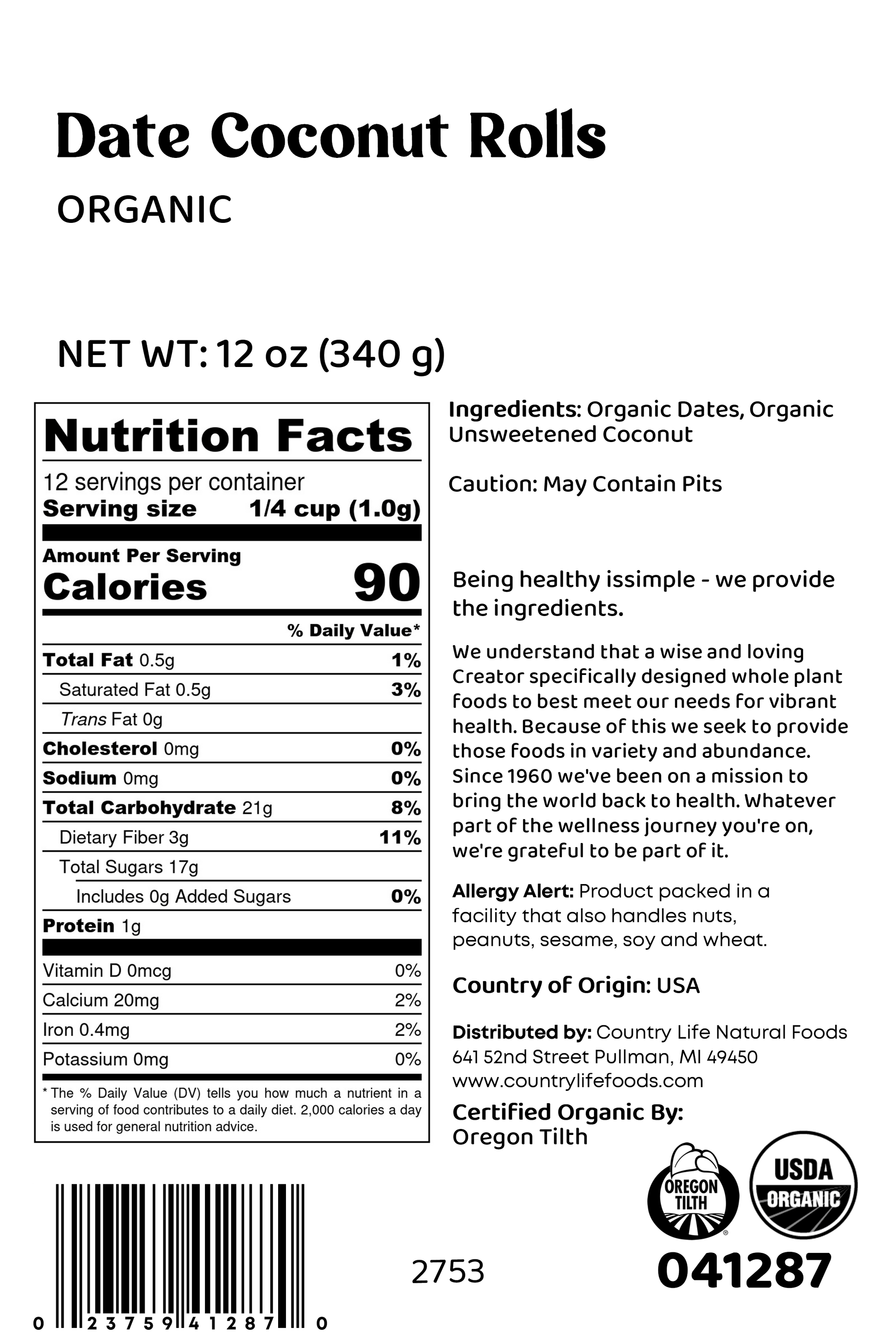 Date Coconut Roll, Organic - Concordia Style Boutique