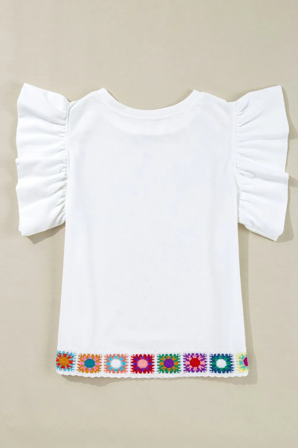 Floral Crochet Patched Ruffled Sleeve Crewneck Blouse - Concordia Style Boutique