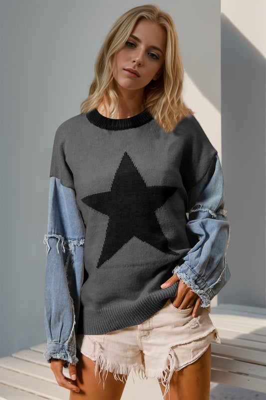 Double Take Full Size Star Pattern Raw Edge Long Sleeve Sweater - Concordia Style Boutique