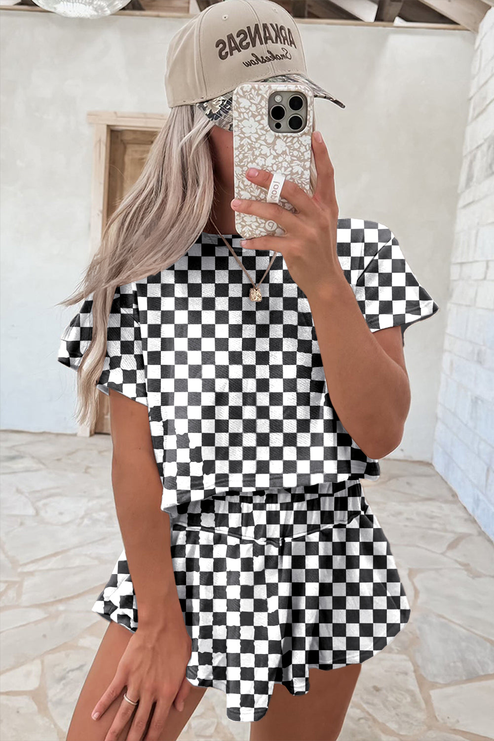 Luxury Checkerboard T Shirt and High Waist Skorts Set - Concordia Style Boutique