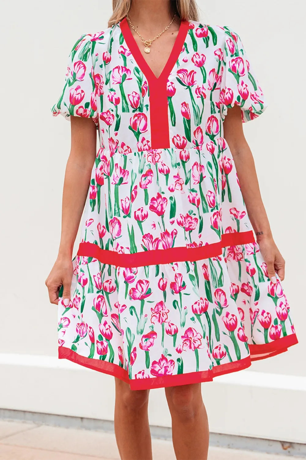 Floral Print Contrast Trim V Neck Bubble Short Sleeve Babydoll Dress - Concordia Style Boutique