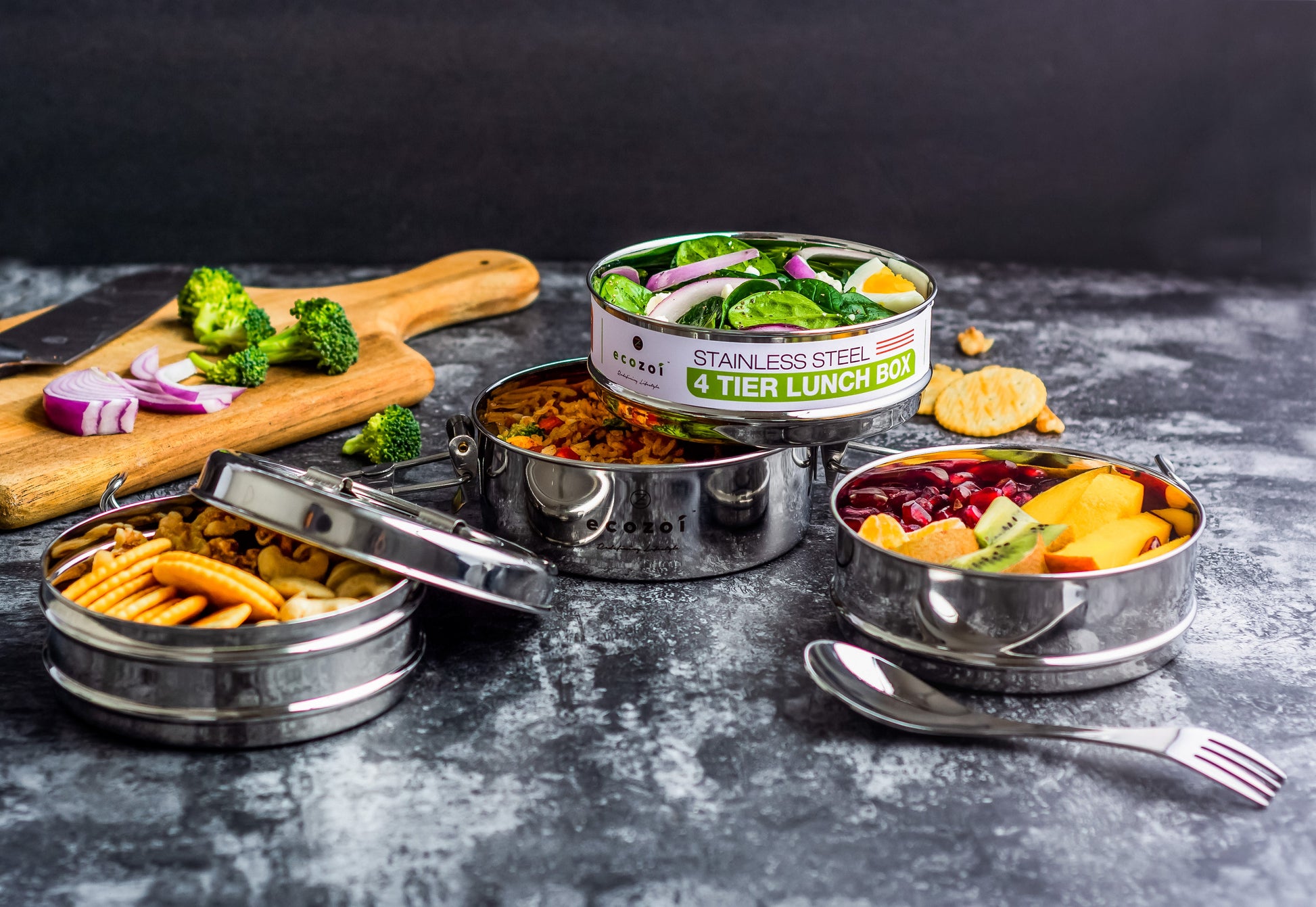 Stainless Steel Lunch Box, 4 Tier Round with Spork, 55 Oz - Concordia Style Boutique