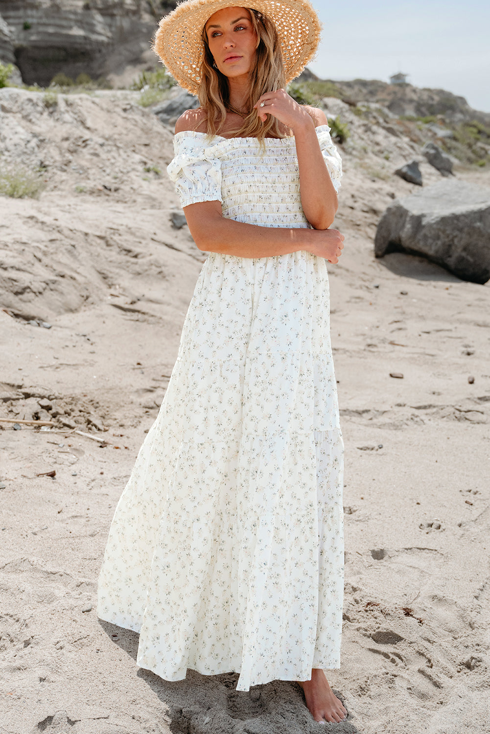 White Frilly Shirred Bodice Tiered Floral Maxi Dress - Concordia Style Boutique