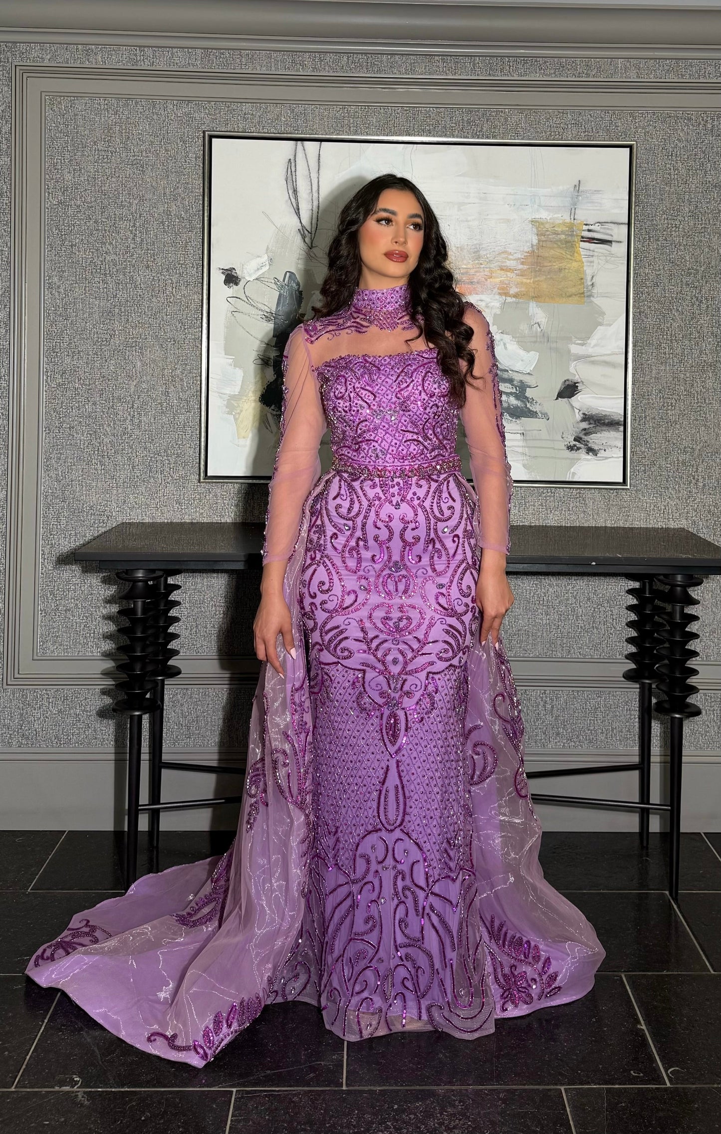 Deema High Neckline Tulle Embroidered Dress