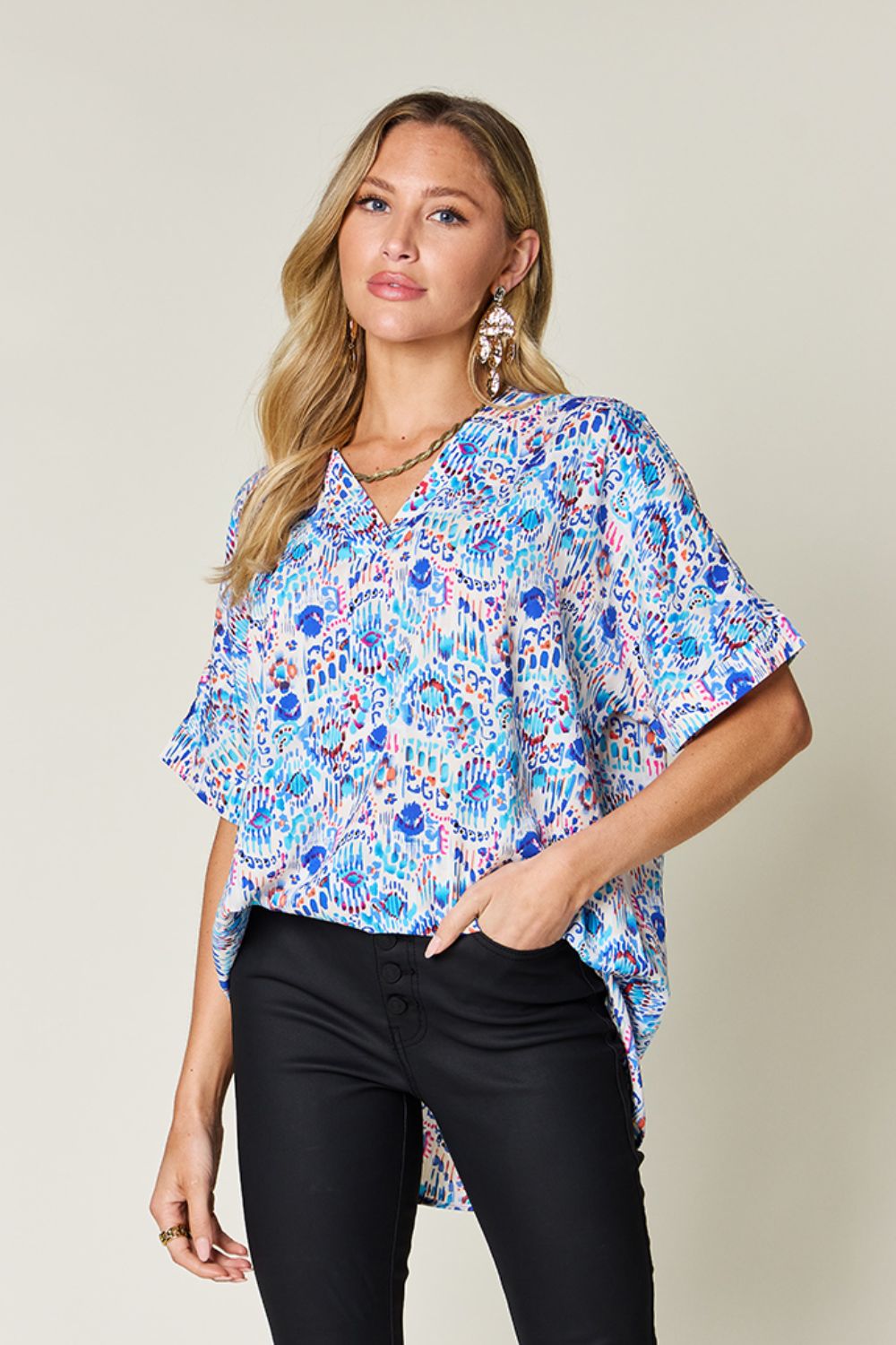 Double Take Full Size Printed V-Neck Short Sleeve Blouse - Concordia Style Boutique