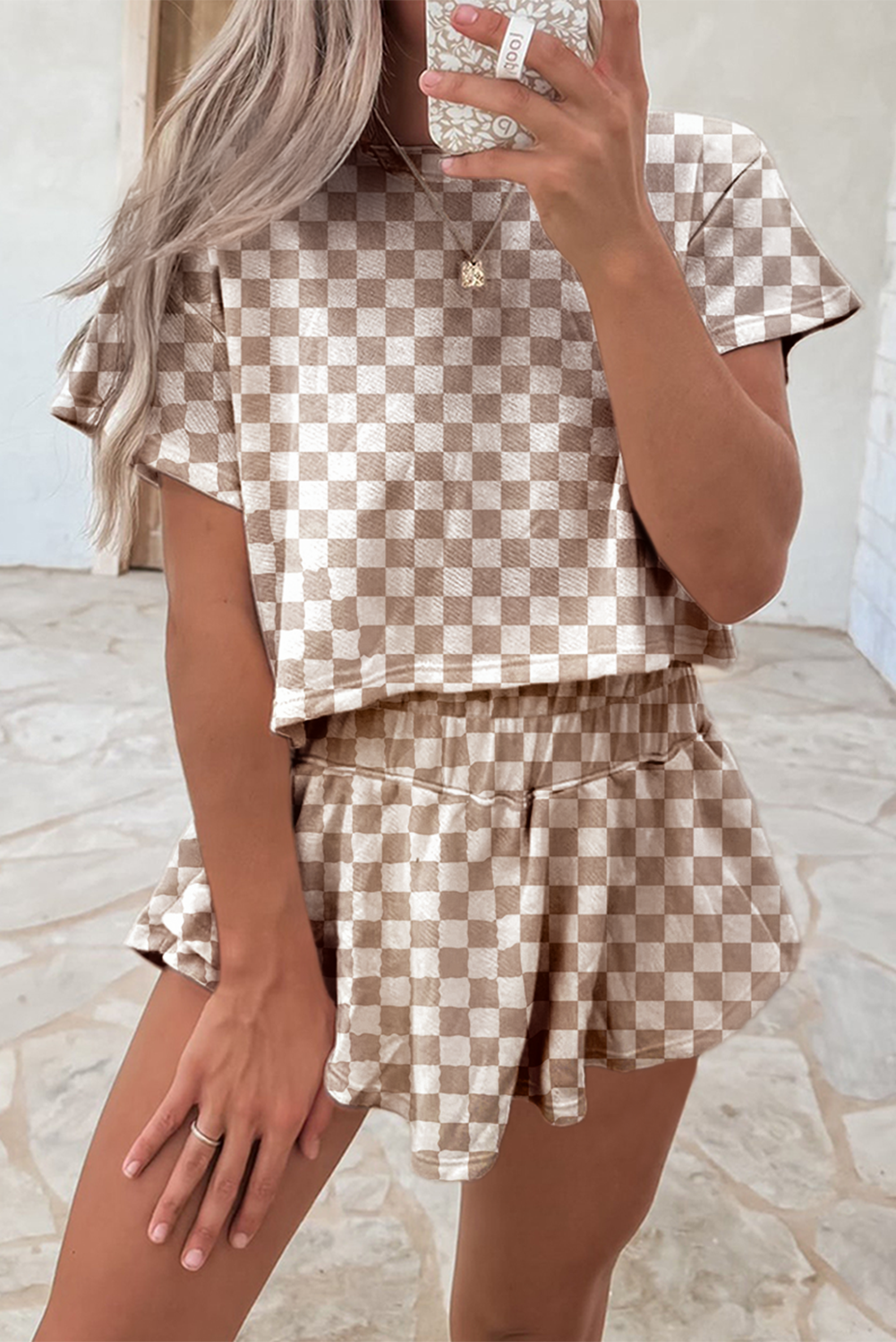 Luxury Checkerboard T Shirt and High Waist Skorts 2 Piece Outfit - Concordia Style Boutique