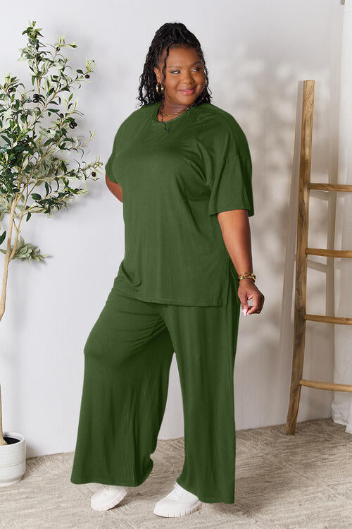 Double Take Full Size Round Neck Slit Top and Pants Set - Concordia Style Boutique