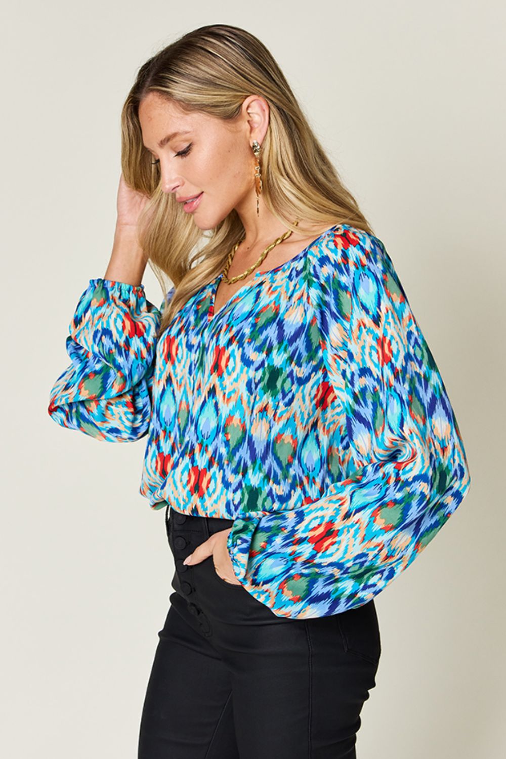 Double Take Full Size Printed Balloon Sleeve Blouse - Concordia Style Boutique