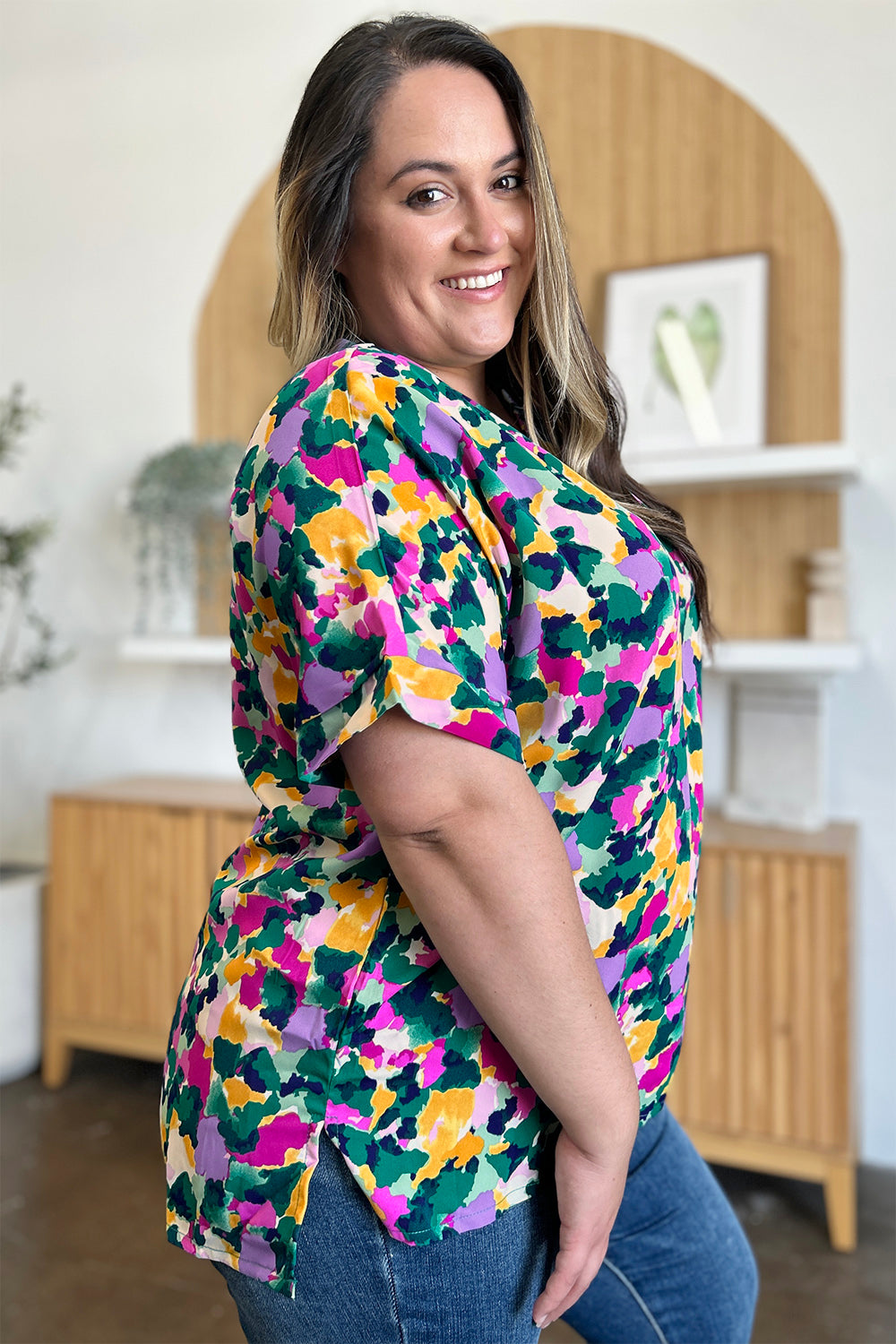 Double Take Full Size Printed V-Neck Short Sleeve Blouse - Concordia Style Boutique