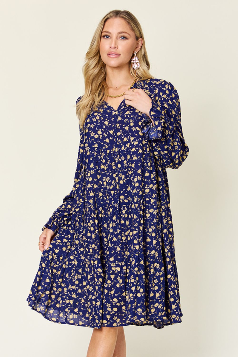 Double Take Full Size Printed Ruffle Hem Long Sleeve Dress - Concordia Style Boutique