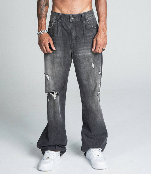 AJ09B-2 BLACK DISTRESSED BAGGY JEANS