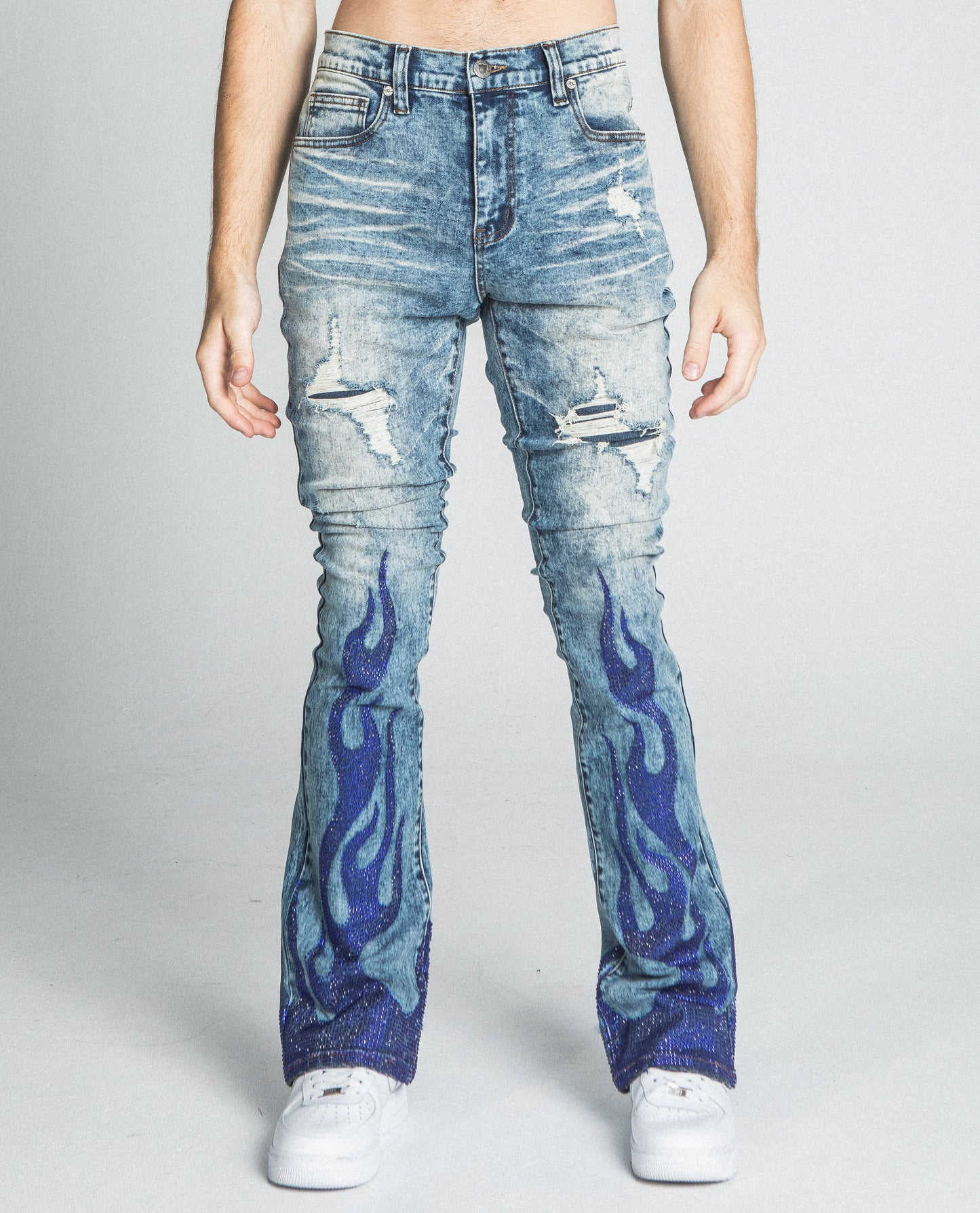 AJ23SK FLAME RHINESTONE STACKED JEANS