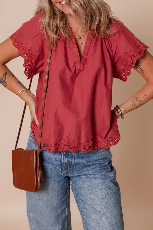 Floral Embroidered Scallop Trim Short Sleeve Notched Blouse - Concordia Style Boutique