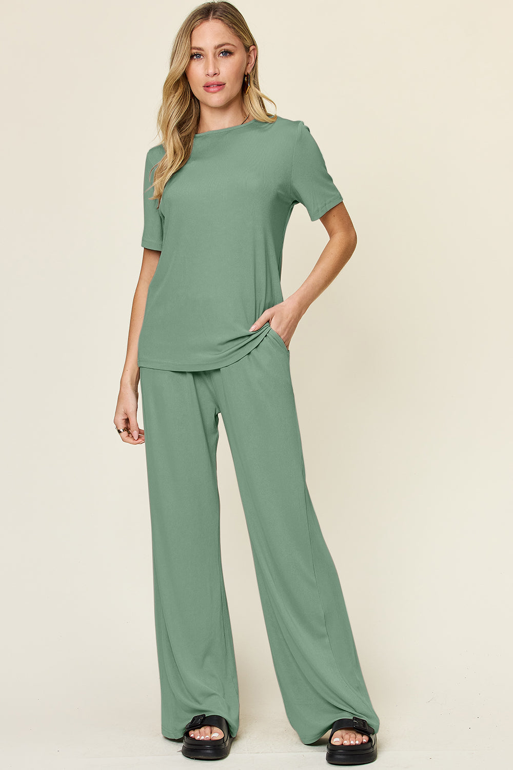 Double Take Full Size Round Neck Short Sleeve T-Shirt and Wide Leg Pants Set - Concordia Style Boutique