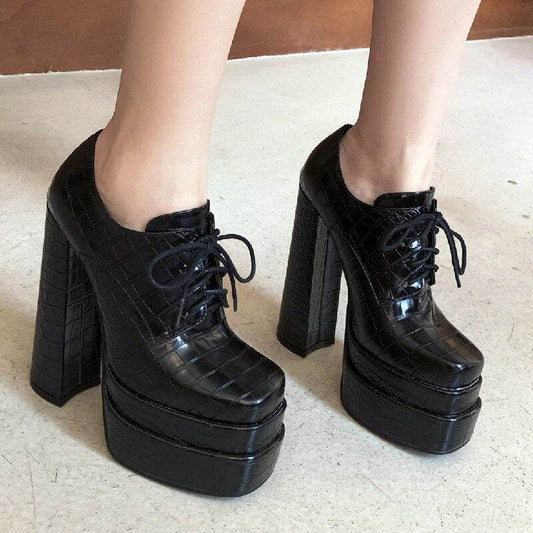 Women Pumps - New Square - Toe Platform - Thick High Heels - Lace-Up - Concordia Style Boutique