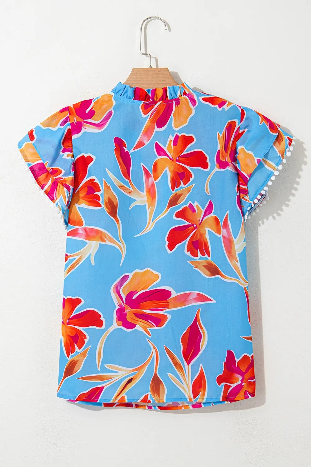 Floral Print Notched Pompom Trim Flutter Sleeve Blouse - Concordia Style Boutique