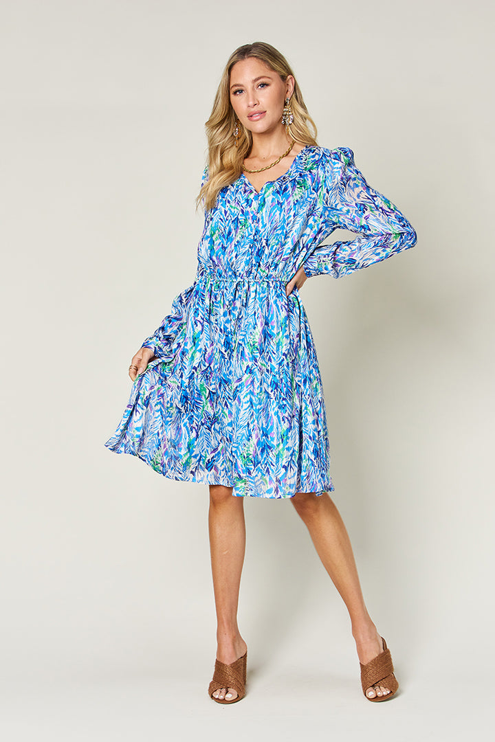 Double Take Full Size Printed Drawstring Waist Long Sleeve Dress - Concordia Style Boutique