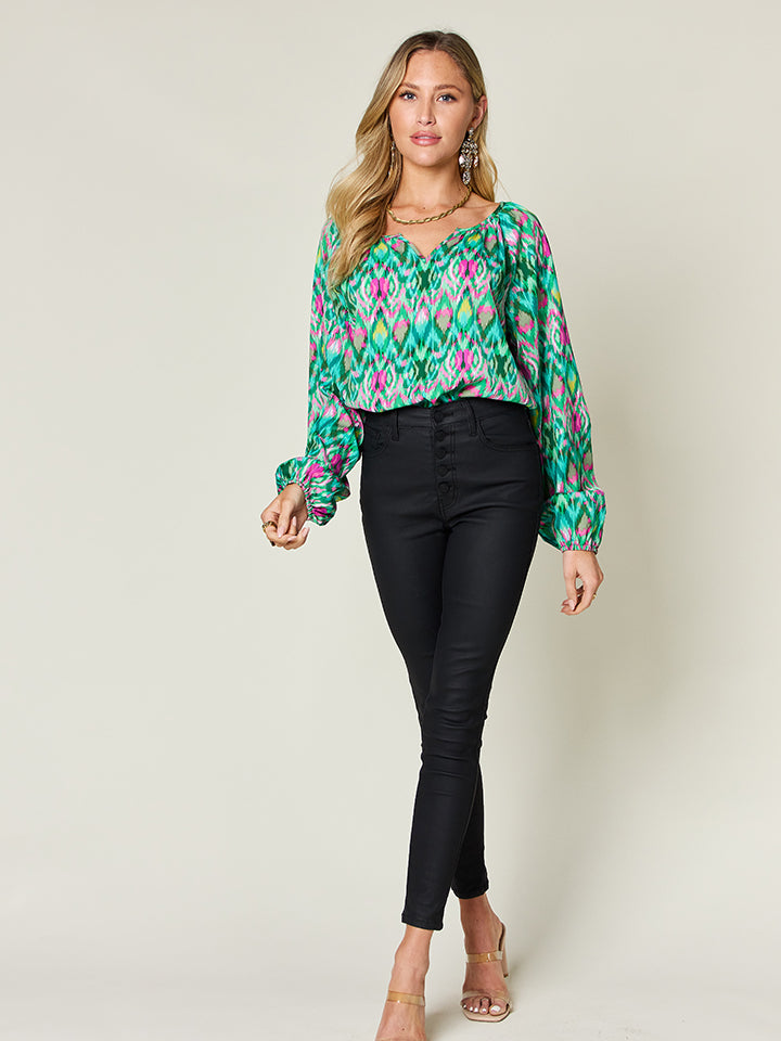 Double Take Full Size Printed Balloon Sleeve Blouse - Concordia Style Boutique