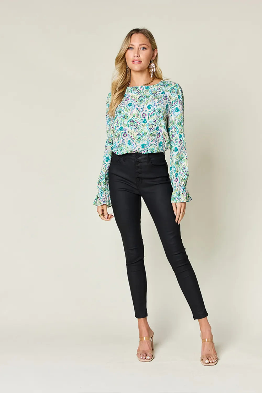Double Take Full Size Printed Flounce Sleeve Blouse - Concordia Style Boutique