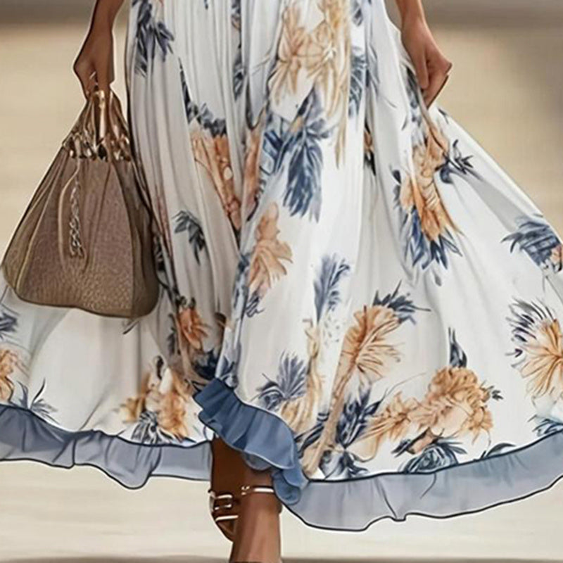 Women's Floral Print Maxi Dress With Deep V-Neck & Flare Sleeves