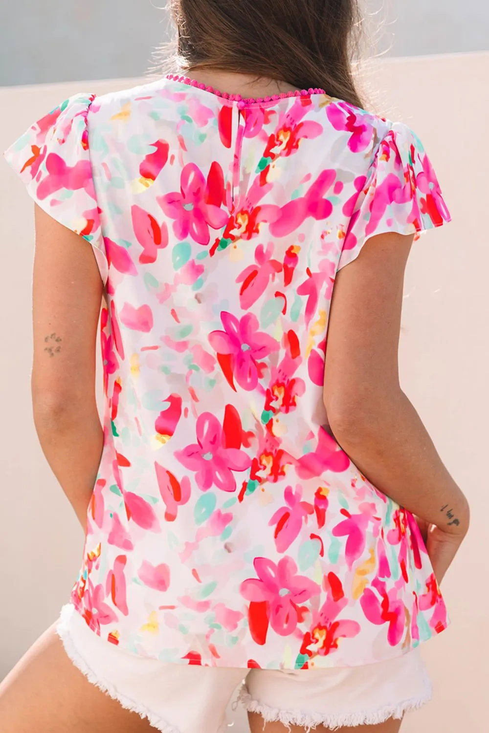 Floral Print Ruffle Sleeve Round Neck Blouse - Concordia Style Boutique