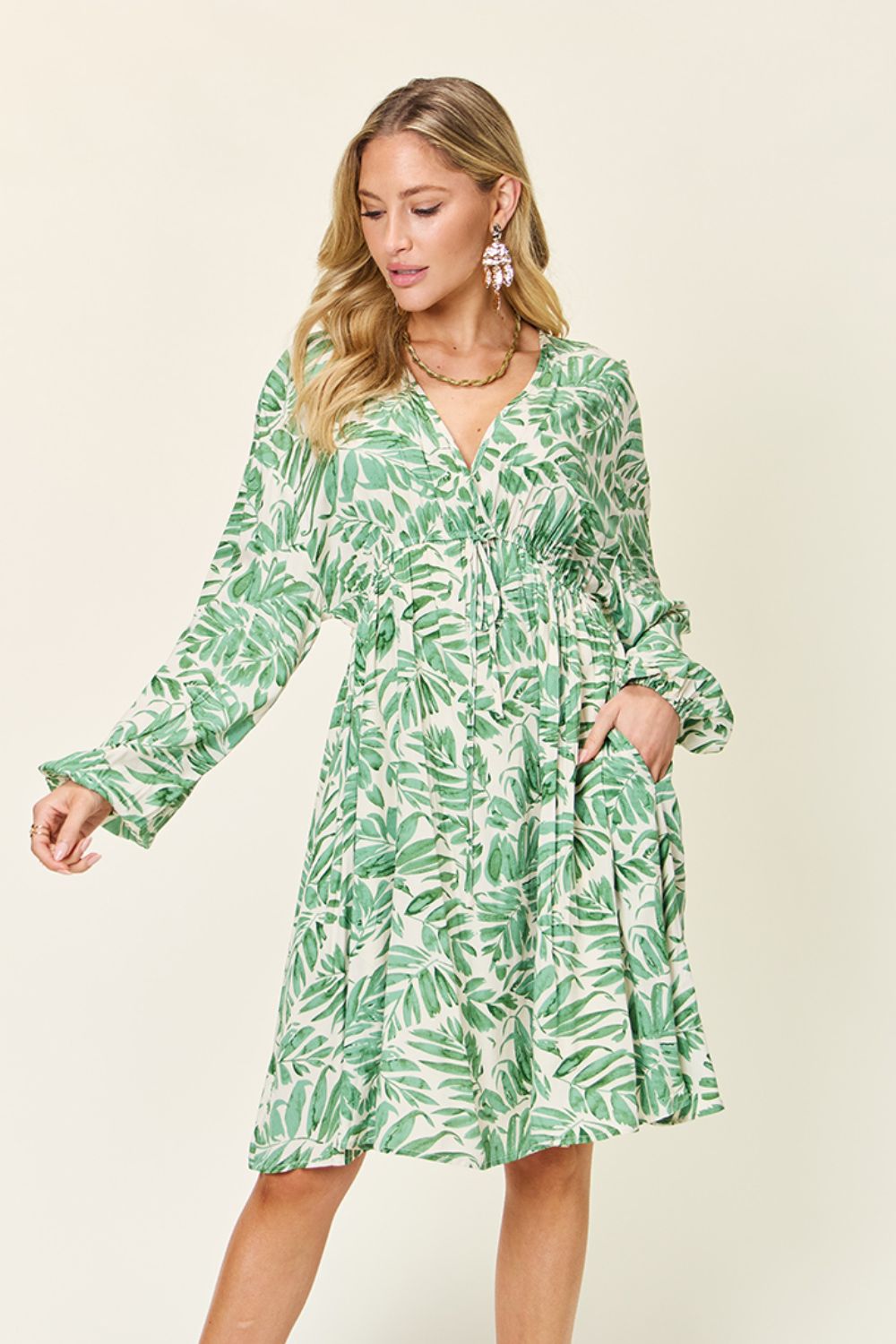 Double Take Full Size Printed Ruched Balloon Sleeve Dress - Concordia Style Boutique