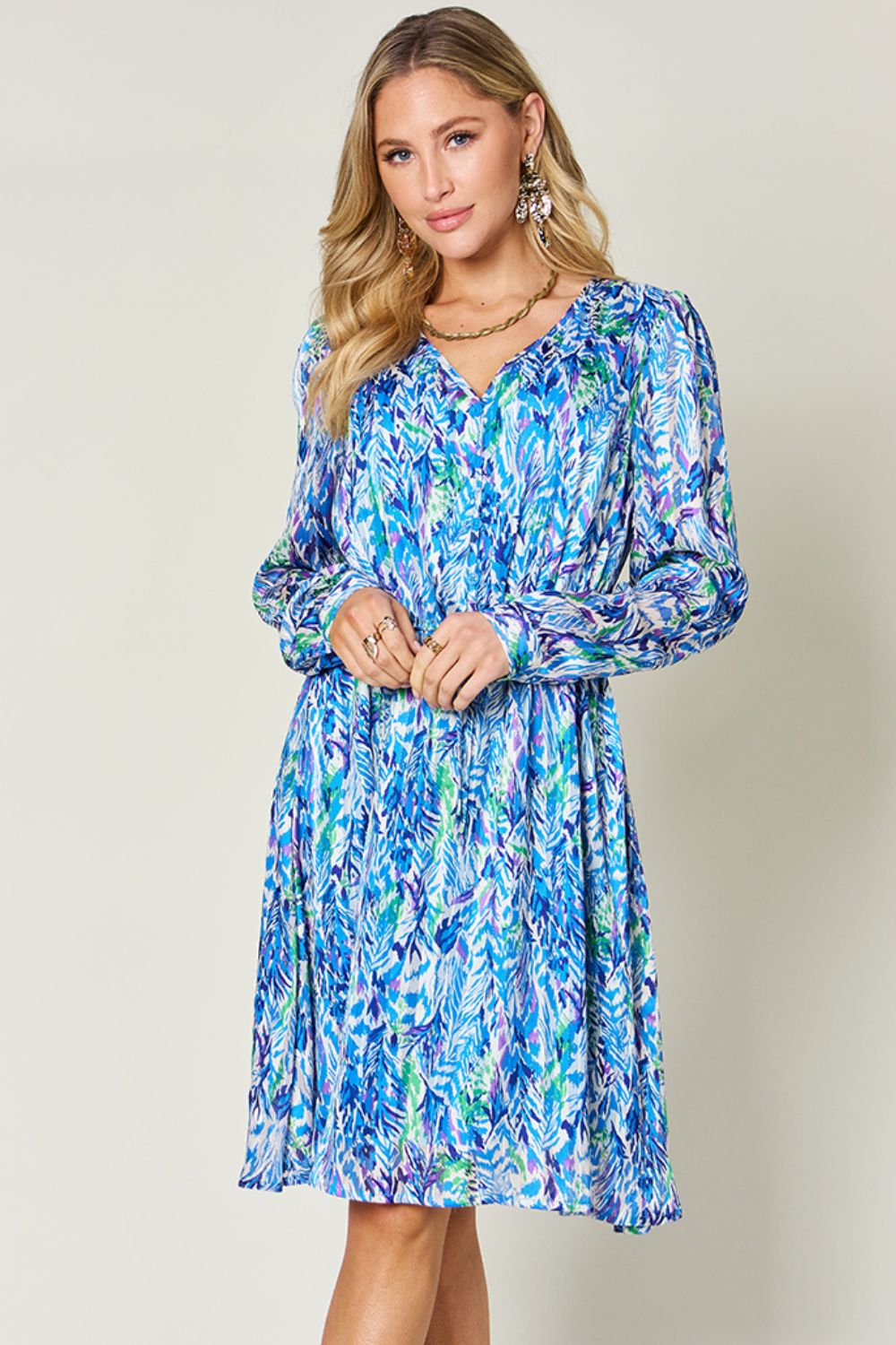 Double Take Full Size Printed Drawstring Waist Long Sleeve Dress - Concordia Style Boutique