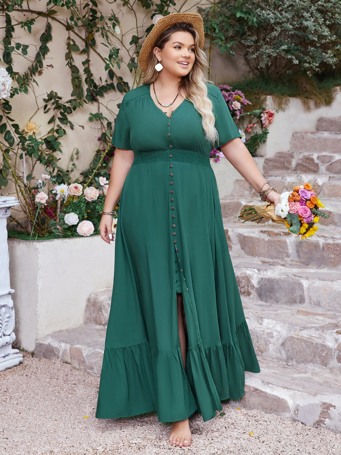 Button Detail V-Neck Short Sleeve Maxi Dress - Concordia Style Boutique