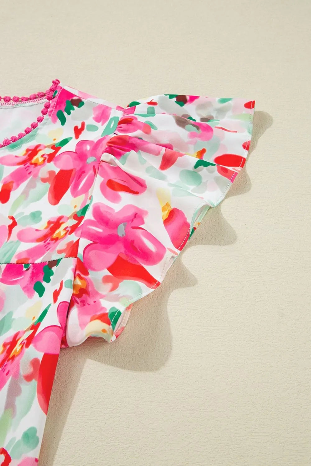 Floral Print Ruffle Sleeve Round Neck Blouse - Concordia Style Boutique