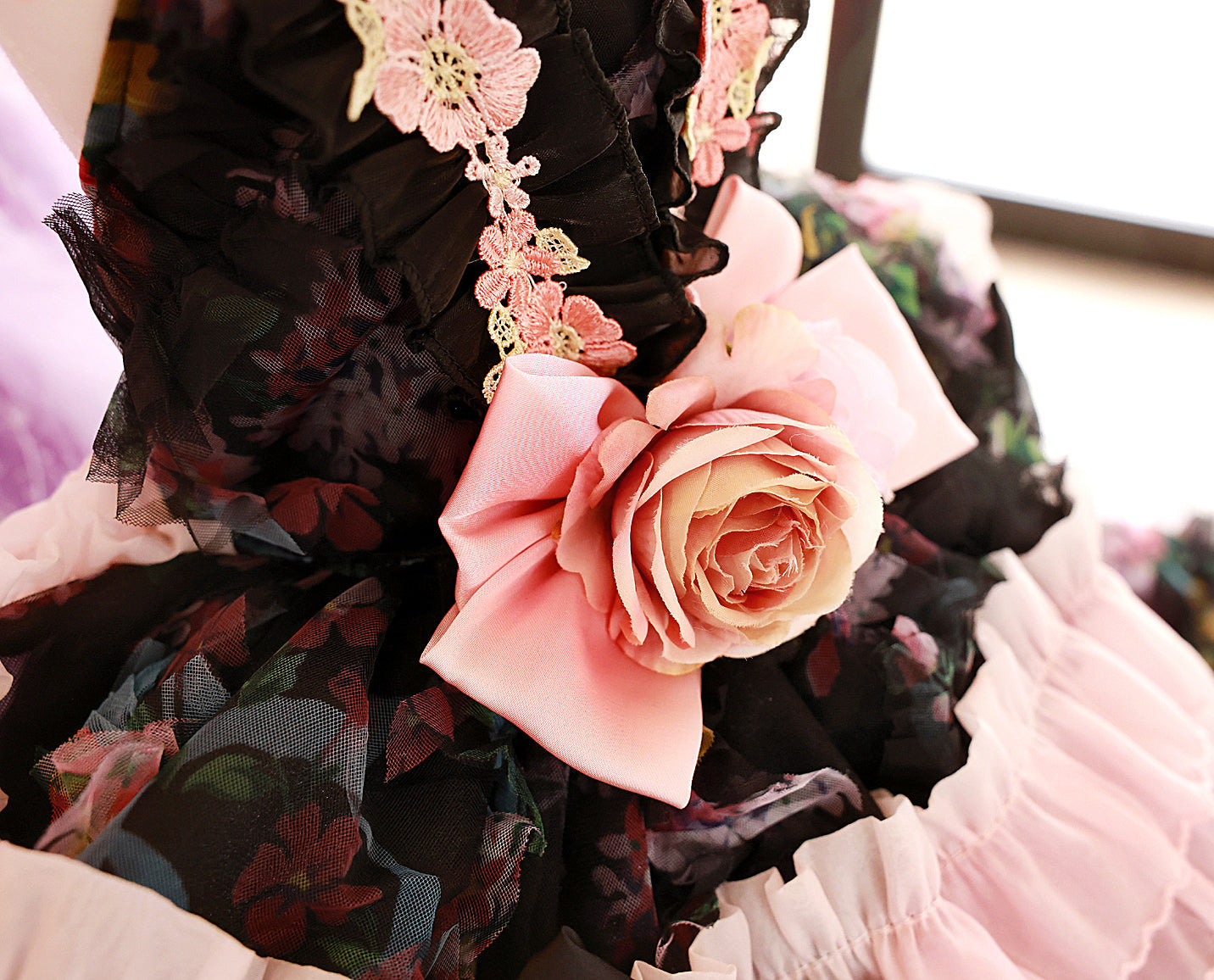 Luxury Floral Dog Dress with Ruffled Skirt & Pink Bow