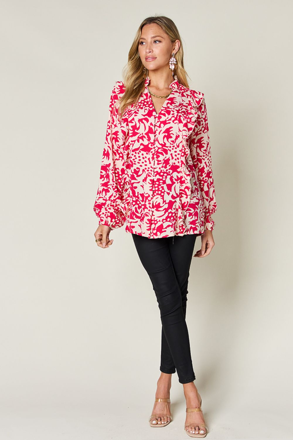 Double Take Full Size Printed Ruffle Trim Balloon Sleeve Shirt - Concordia Style Boutique