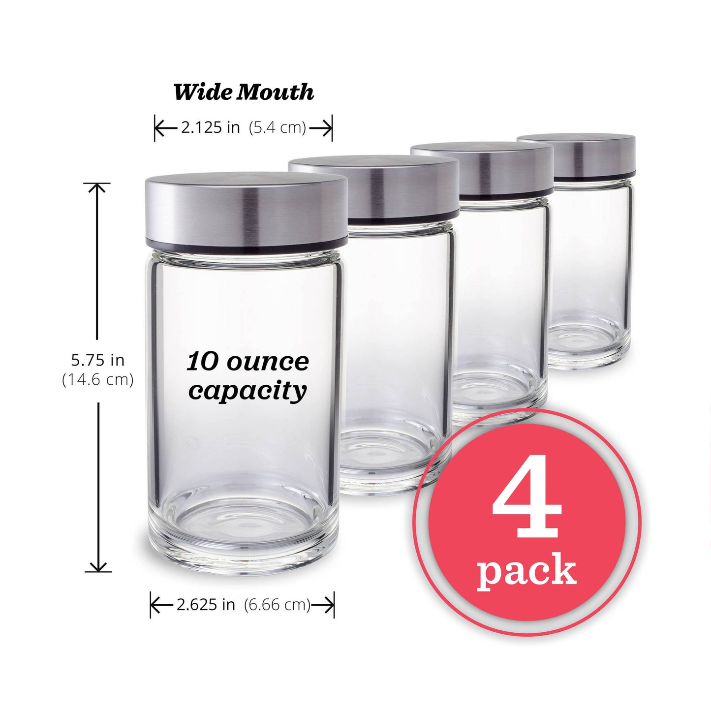 Skinny Series Wide Mouth Glass Bottles Set w/ Stainless Steel Lids, 10 oz
