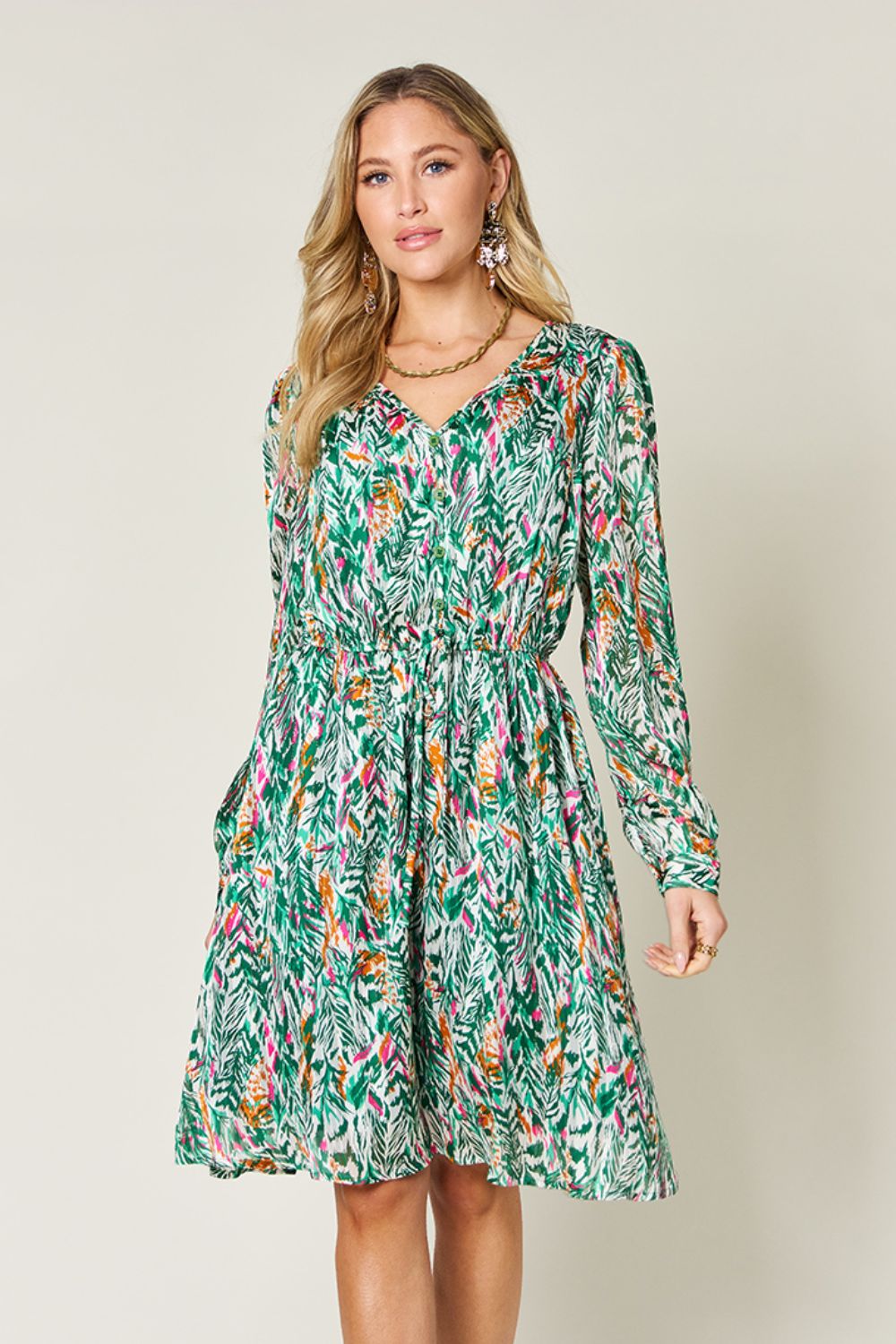 Double Take Full Size Printed Drawstring Waist Long Sleeve Dress - Concordia Style Boutique