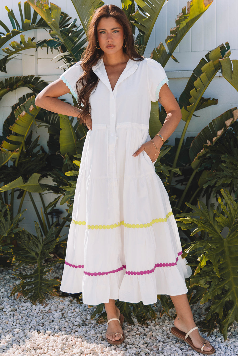 Aleah Rickrack Trim Short Sleeve Long Dress - Concordia Style Boutique