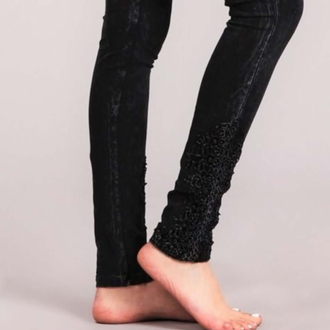 Mineral Washed Jeggings Crochet Ankle Detail Made in USA - Concordia Style Boutique