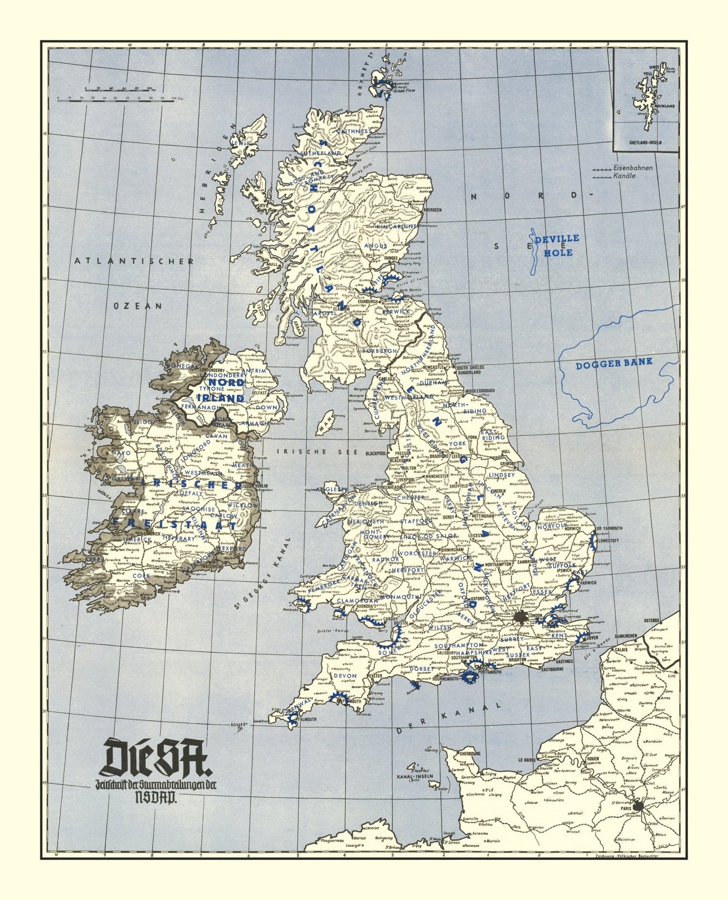 Vintage British Isles World War II Map 1941