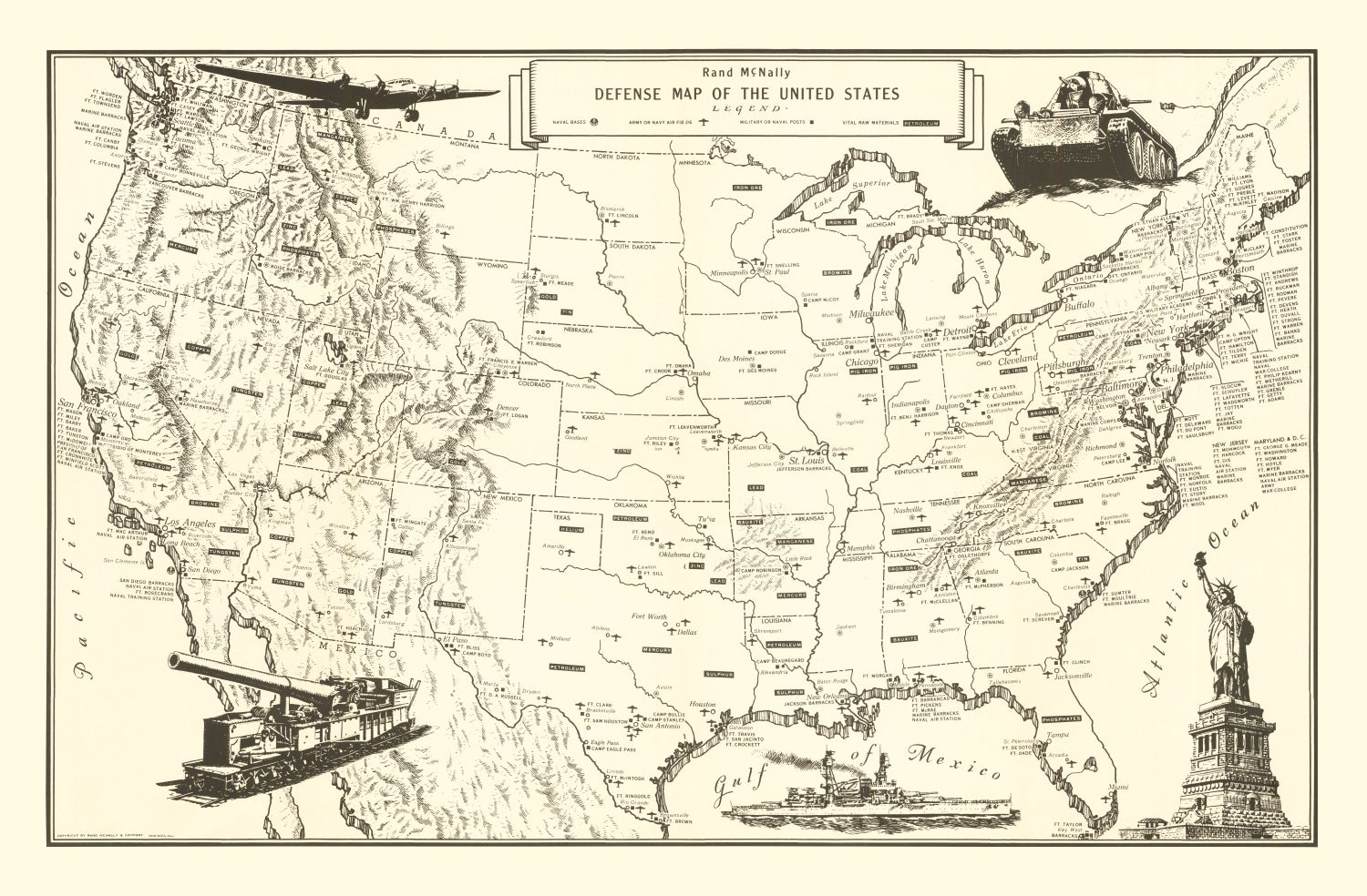 Vintage Defense Map of the United States 1941 - Concordia Style Boutique