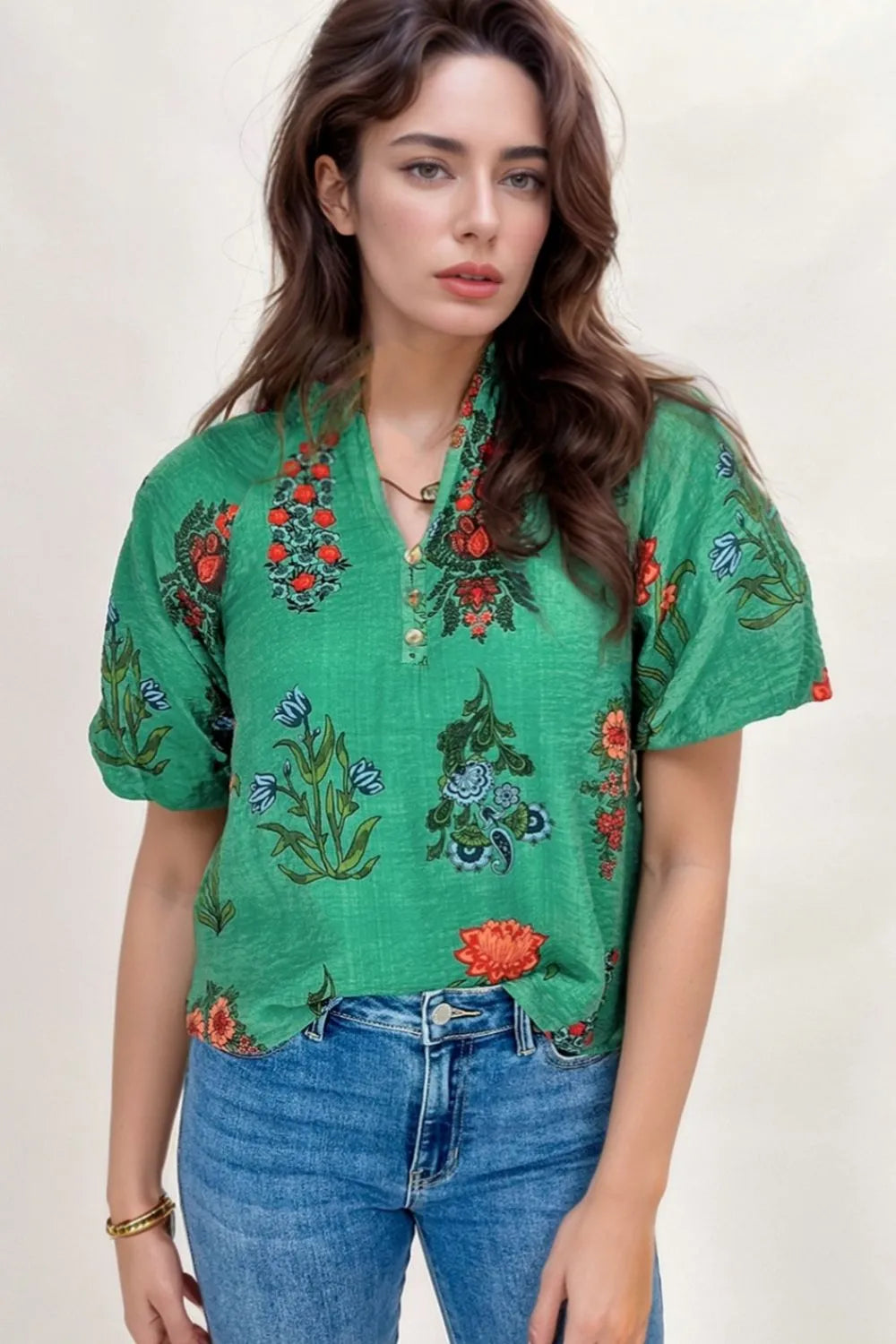 Floral Print Notched Short Sleeve Blouse - Concordia Style Boutique
