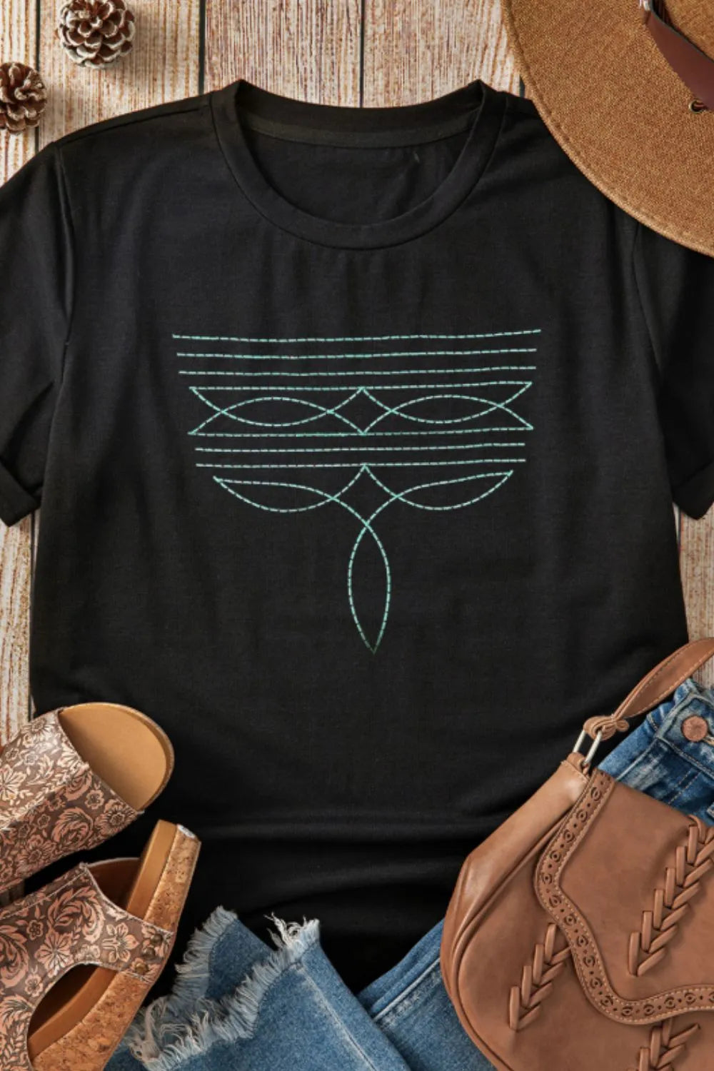 Embroidered Round Neck Short Sleeve T-Shirt - Concordia Style Boutique