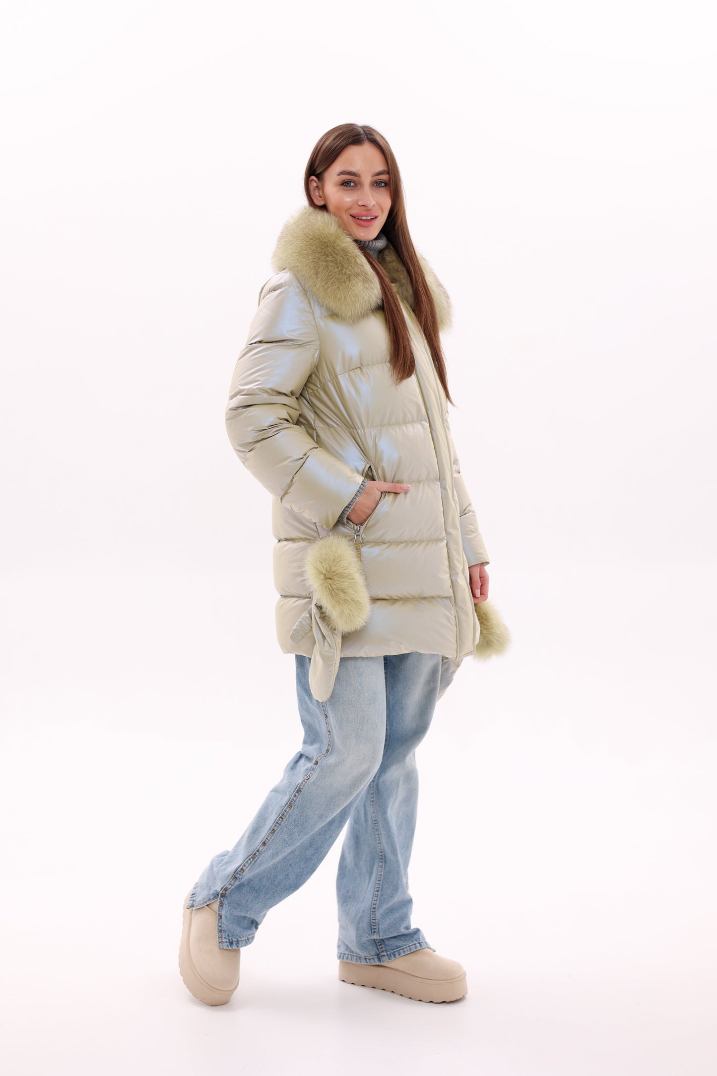 Genuine Fox Fur Down Coat with Fur Trim Mittens