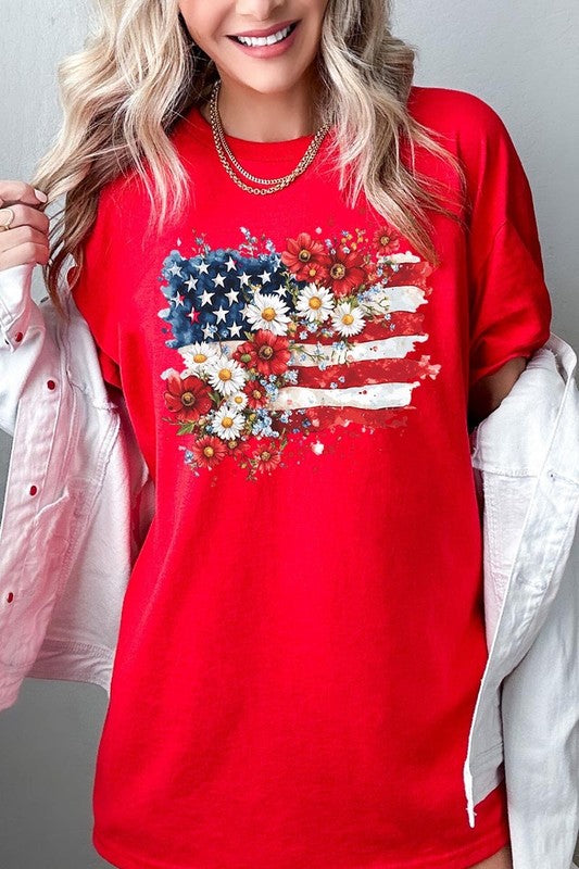 PLUS Floral American Flag Graphic Plus Heavy Cotton Tee